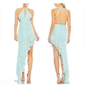Mac Duggal NWT Blue Sequined Halter Ruffle Asymmetrical Dress Style #A11274